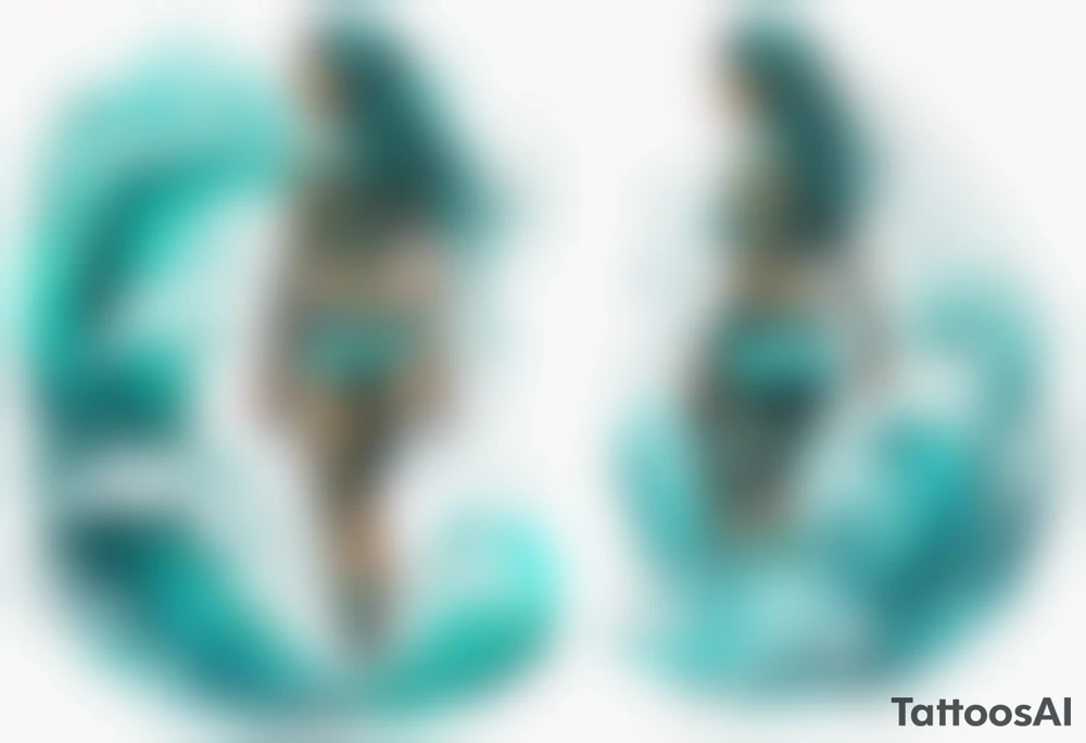a turquoise Na'vi woman standing in the sea with water for legs surrounded by crashing waves tattoo idea