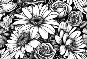 Boquet of daisys and roses with a flame surrounding them tattoo idea