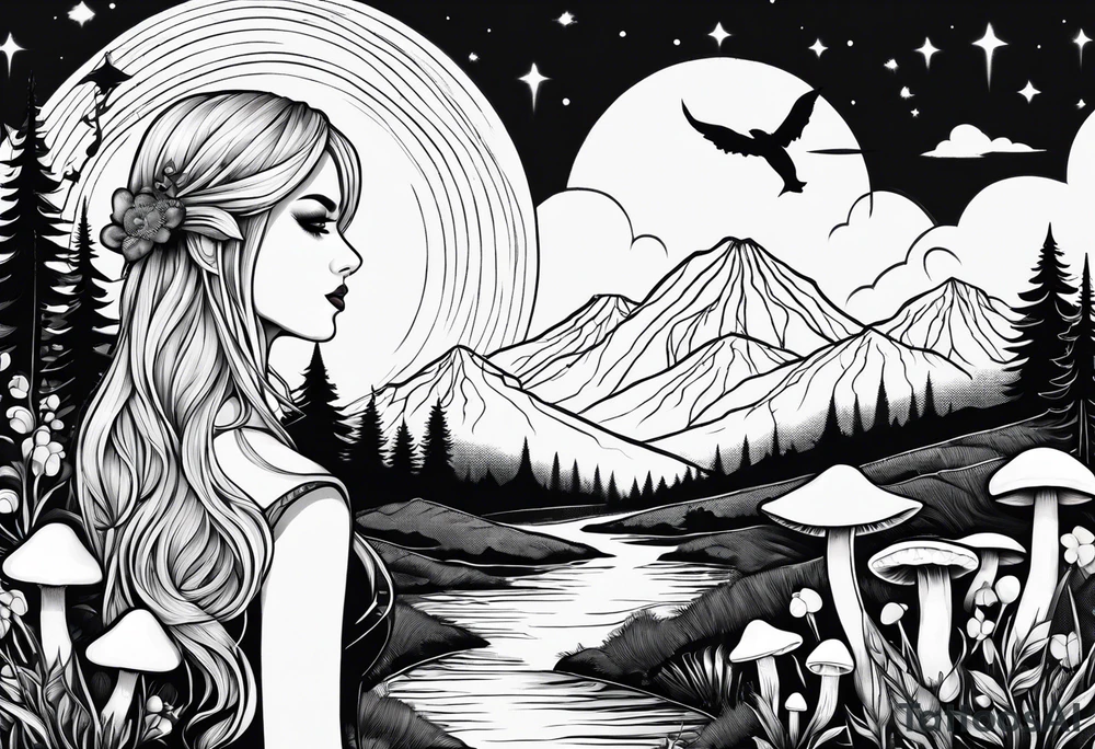 Straight blonde hair girl facing away mountains surrounded by mushrooms crescent moon tattoo idea
