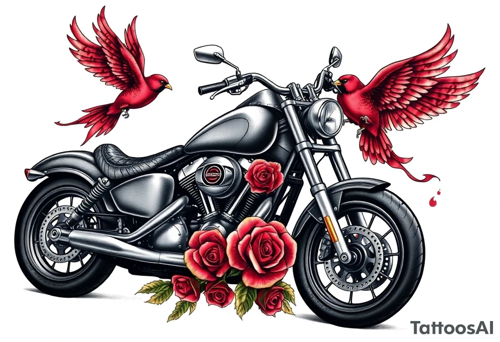 Harley grey motorcycle driving away, two red birds flying, roses, flames,angel wings tattoo idea