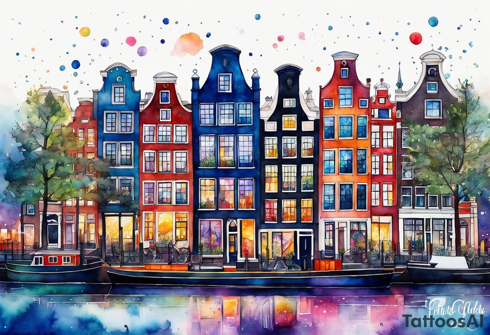 watercolour of animals made from glass in Amsterdam featuring Amsterdam buildings and Amsterdam canal in galaxy colours featuring pineapples as space colours tattoo idea