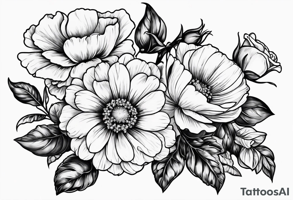 Roses, marigolds, cosmos, daisies, sweet peas tattoo idea