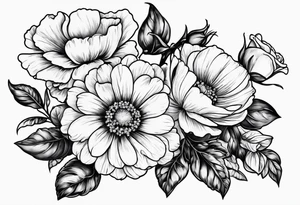 Roses, marigolds, cosmos, daisies, sweet peas tattoo idea