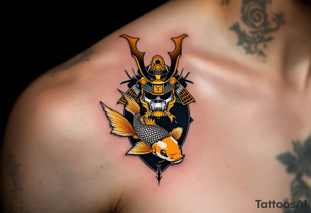 Black and Gold Koi with Samurai Helmet – A bold koi featuring black and gold coloring, swimming beneath an ornate samurai kabuto (helmet), representing honor and bravery. tattoo idea