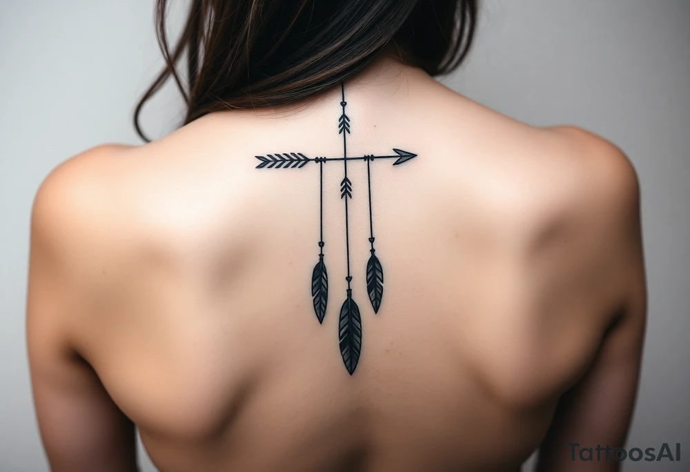 Thin spinal tattoo following down the spine in a native style with 3 vertical different lengths flowing lines made of a discreet connection of morse code ".--- .- --.     .-.. ... -.- .- .-.   -.. .. --.     .-.. .. .-.. .-.. . -... .-. --- .-. forming 3 arrow shapes connected to flowing feathers hanging from the morse code lines tattoo idea