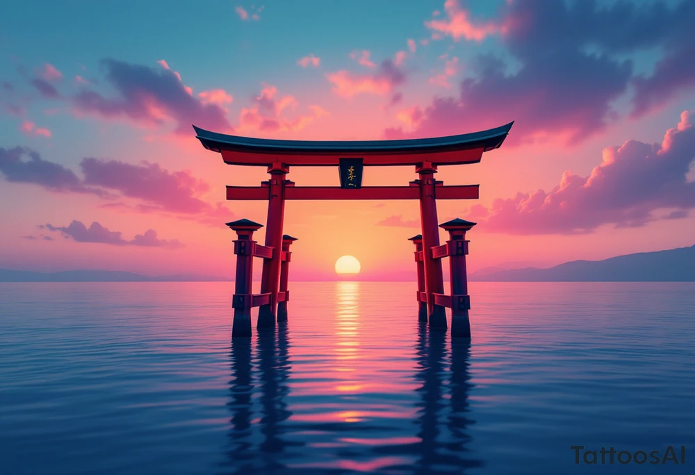 A red torii gate standing in shallow blue water under a pink and orange sunset sky. tattoo idea