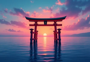 A red torii gate standing in shallow blue water under a pink and orange sunset sky. tattoo idea