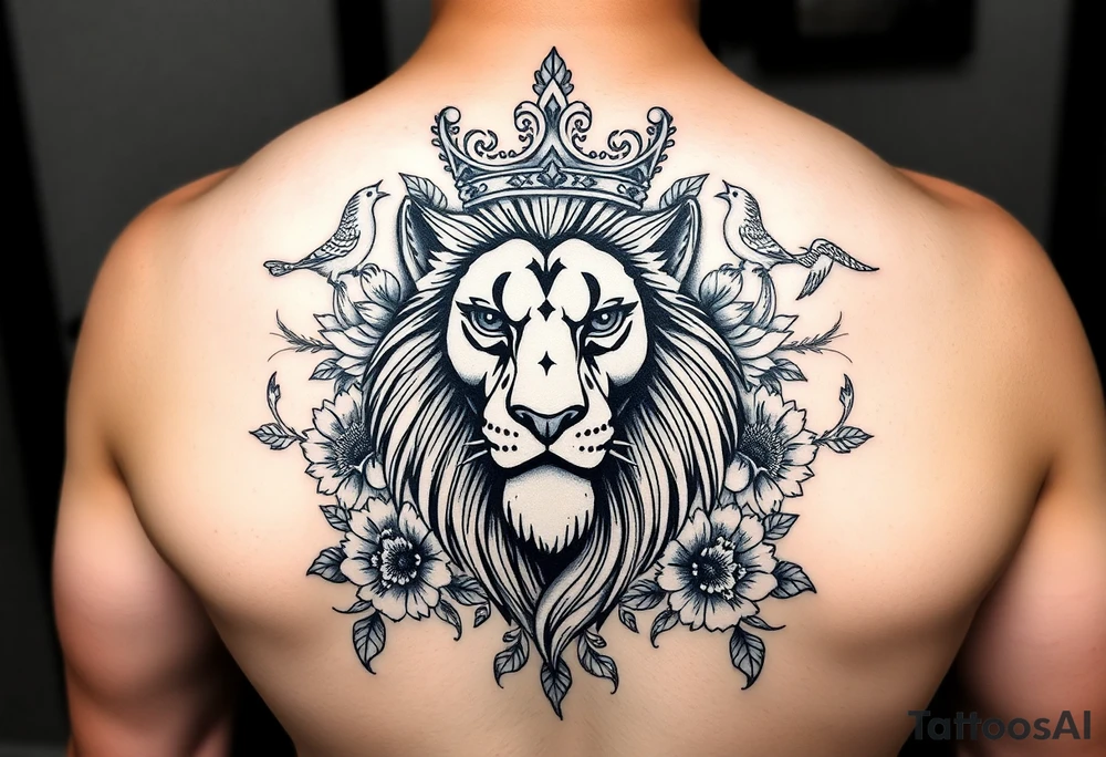 powerful majestic lion with a crown, surrounded by floral ornaments and birds tattoo idea