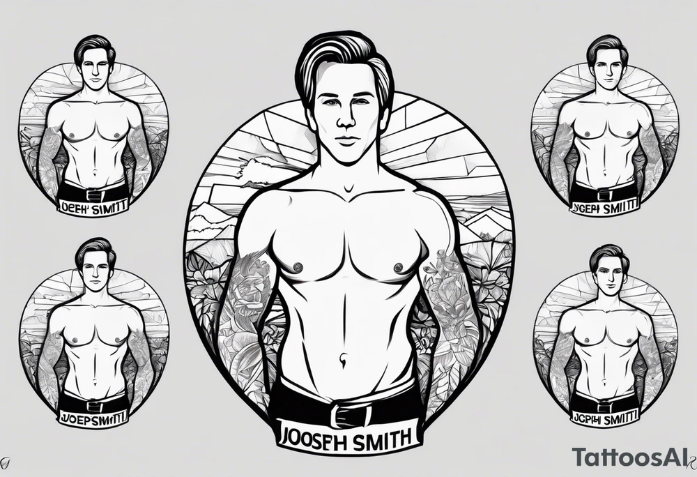 Joseph Smith Jr. without a shirt, and all his polygamist wives names tattooed on his arms and chest tattoo idea