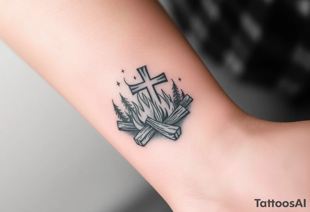 Campfire with cross hidden in the flames include the great outdoors tattoo idea
