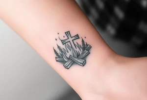 Campfire with cross hidden in the flames include the great outdoors tattoo idea