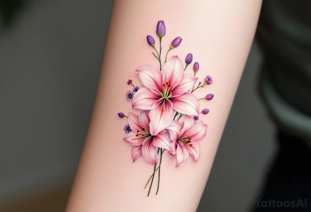 stargazer lillies in light pink with small sunflowers and peonies and purple tulip buds in a dainty wildflower bouquet with stems tattoo idea