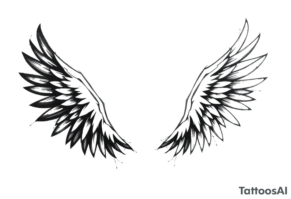 the wings go up

This tattoo design features a pair symmetrical angel wings drawn in black ink with a rough, sketch-like style. The left wing is darker, more defined, and appears denser, while the right wing is lighter, more delicate, and fragmented, creating a contrast between the two. The feathers are sharp and irregular, with fine lines and stray strokes extending outward, adding a raw and artistic feel. The overall look is dynamic and slightly chaotic, giving the impression of movement or an unfinished, ethereal form. This design symbolizes duality, freedom, transformation, or even struggle, making it a meaningful and visually striking tattoo. tattoo idea