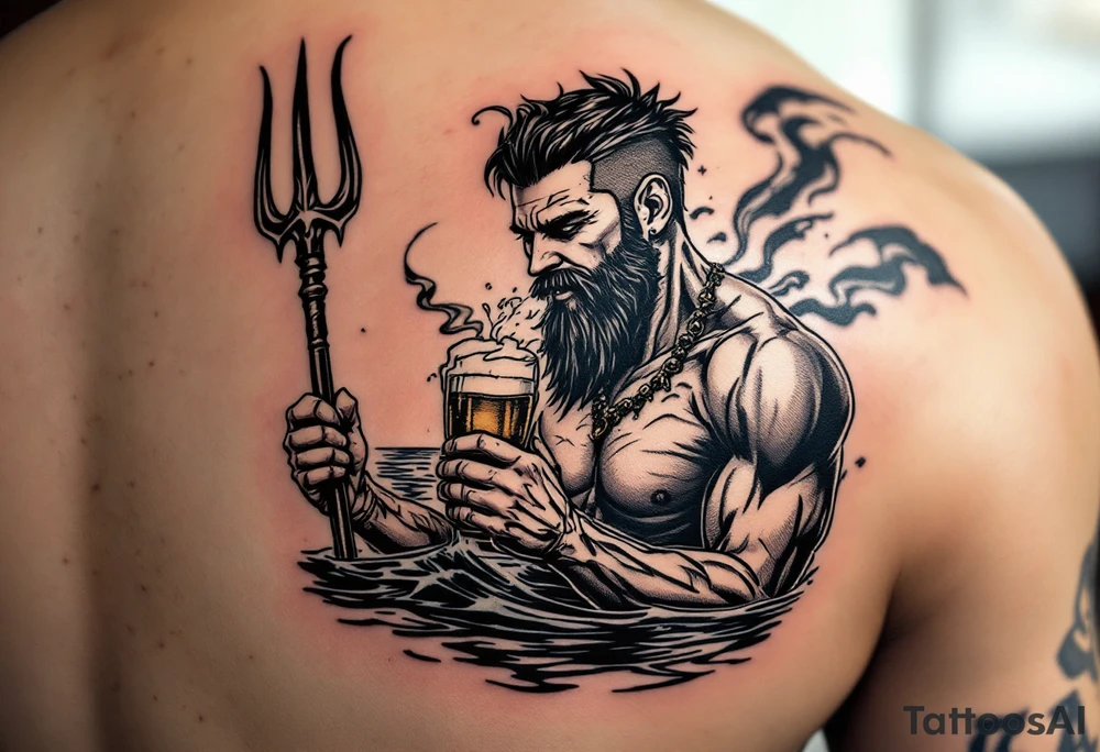 young, happy, fit, short hair, poseidon in calm water, holding a trident, drinking a beer, with sunset, with ski boat tattoo idea