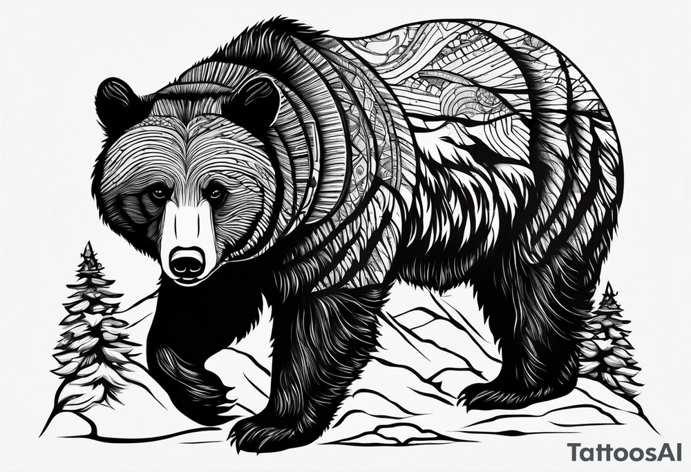 black bear in canadia winter with big trees tattoo idea