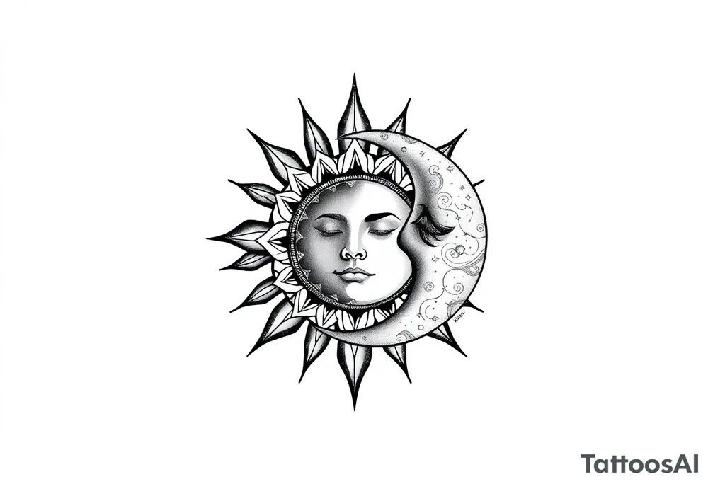 celestial sun and moon embrace with constellation patterns tattoo idea