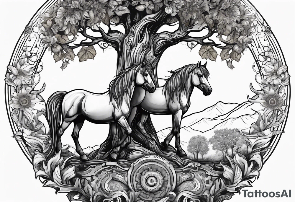 Yggdrasil tree, horse in front of it, and sunflowers tattoo idea