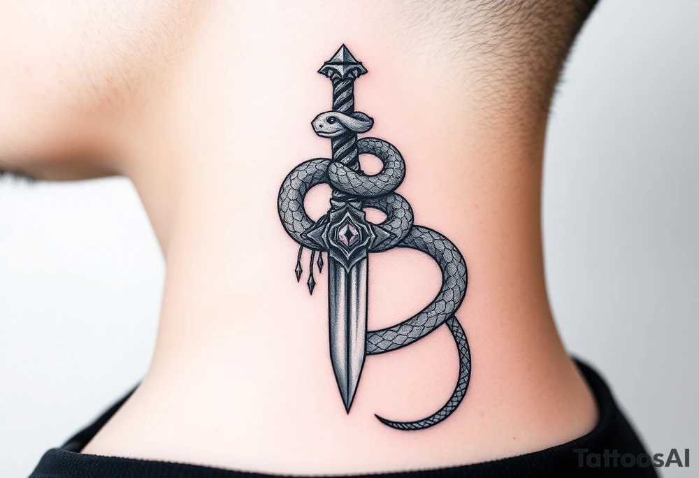 mystical snake coiled around an ancient dagger with jeweled hilt tattoo idea