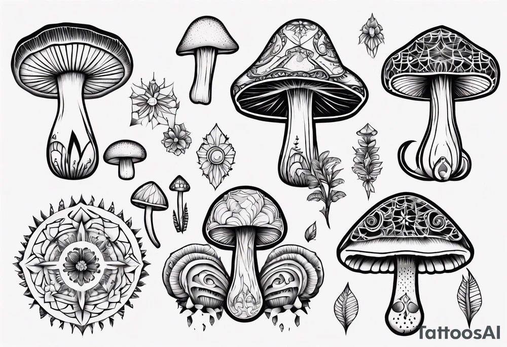 mushrooms, book, mandala tattoo idea