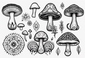 mushrooms, book, mandala tattoo idea