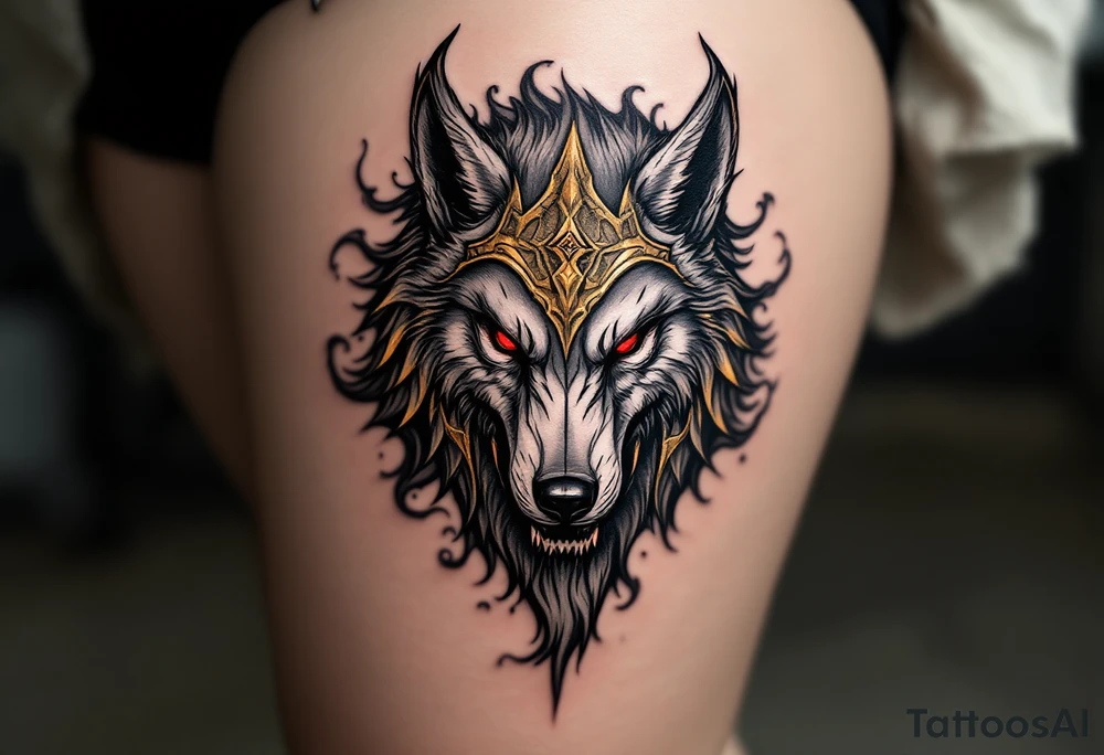 Radegast – A fierce warrior god with a wolf head, wearing a golden horned helmet, his armor shimmering in silver-gray, with blood-red eyes and smoke behind. tattoo idea