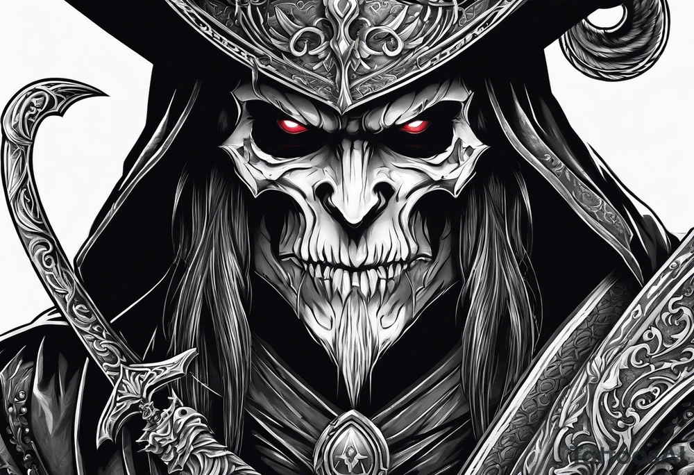 necromancer guy with Scythe and white eyes tattoo idea