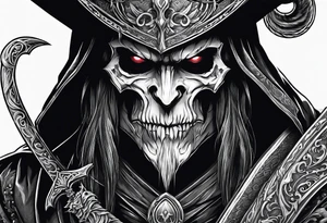 necromancer guy with Scythe and white eyes tattoo idea