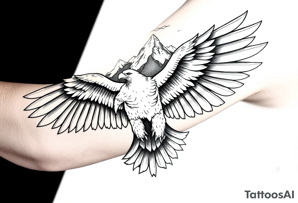 majestic eagle spreading wings against mountain peaks tattoo idea