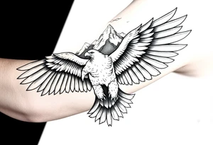 majestic eagle spreading wings against mountain peaks tattoo idea