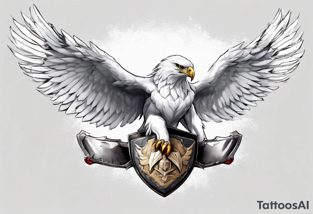 A white hawk going to battle with a sword and shield tattoo idea