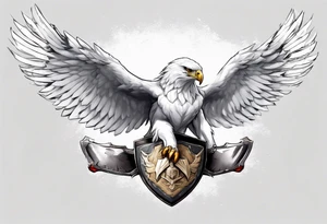 A white hawk going to battle with a sword and shield tattoo idea