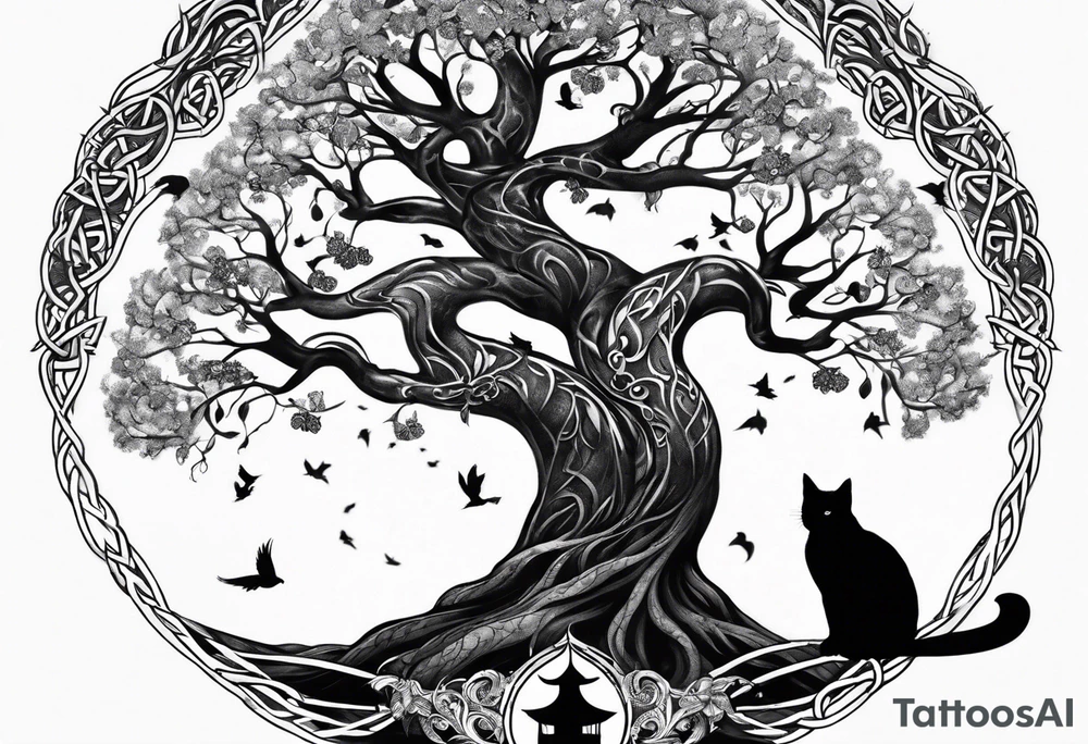 world tree with a cat and a raven and knotwork tattoo idea