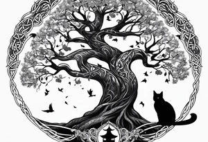 world tree with a cat and a raven and knotwork tattoo idea