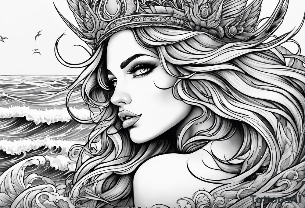 goddess, stormy sea, full length tattoo idea