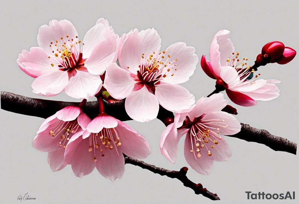 i want a cherry blossom branch to sprout out from the shoulder, then travel down to my arm and wrap around my bicep once, this bit can be floral, then it needs to narrow down and fit through a 7 cm gap in on my forearm then eventually ending in a 10 cm gap on my wrist, this gap can be filled with more blossom flora, this tattoo needs to go all the way down my arm so it needs to be long, the tattoo will start at my shoulder and go all the way down my arm tattoo idea
