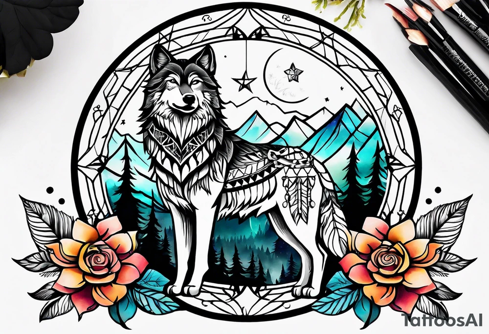 A whimsical wolf tattoo featuring mandala or dream catcher elements, with the wolf as the central focus, surrounded by mountains in the background. Include flowers and nature elements to fill the space around the wolf. Some color but not completely solid bold color tattoo idea