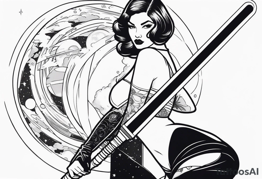Pinup woman holding light saber in space tattoo idea