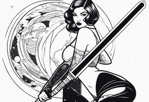 Pinup woman holding light saber in space tattoo idea