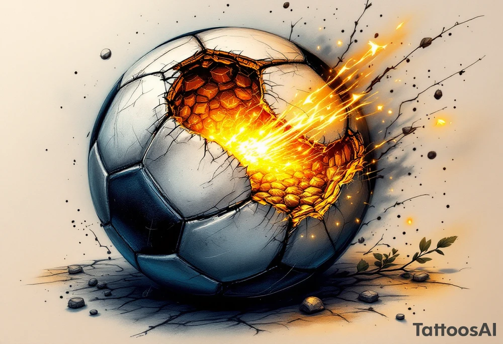 A cracked soccer ball with golden light spilling from inside like a treasure. tattoo idea