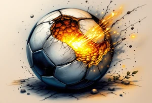 A cracked soccer ball with golden light spilling from inside like a treasure. tattoo idea