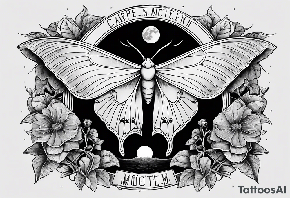 luna moth anatomically correct with each phase of the moon in order under the moth, and the words "carpe noctem" above it in sans serif font tattoo idea