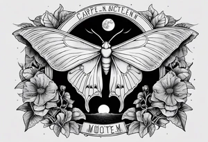 luna moth anatomically correct with each phase of the moon in order under the moth, and the words "carpe noctem" above it in sans serif font tattoo idea