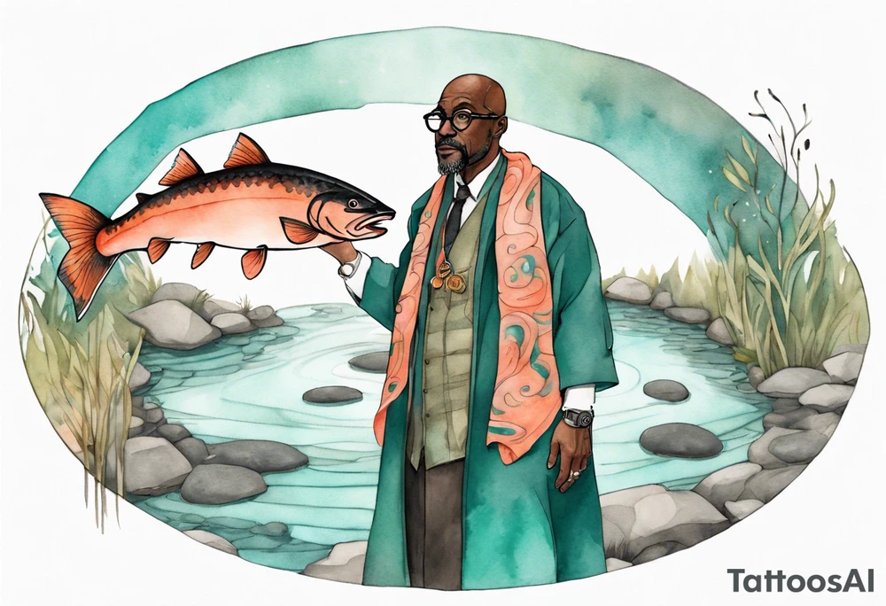 a 50-year-old black man wearing salmon and teal cloak and round glasses standing by a pond with a salmon in it tattoo idea