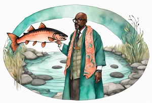 a 50-year-old black man wearing salmon and teal cloak and round glasses standing by a pond with a salmon in it tattoo idea
