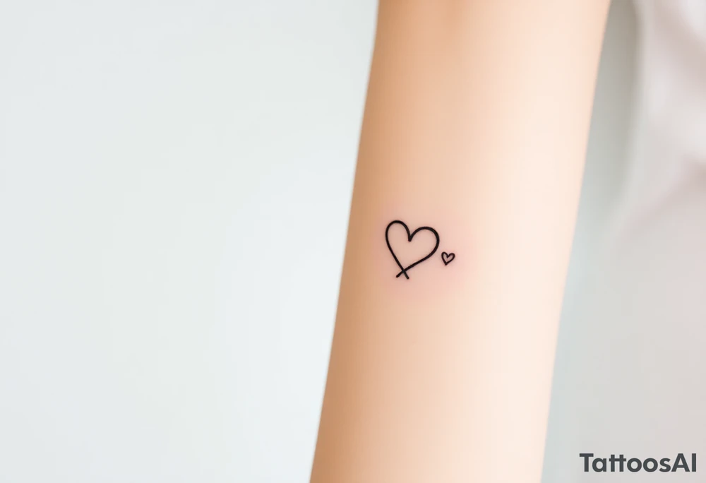 A minimalist infinity symbol with two tiny hearts on each loop, rendered in a thin, black ink for a subtle, timeless look tattoo idea