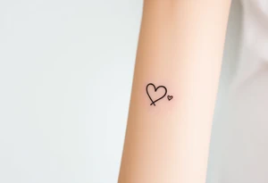 A minimalist infinity symbol with two tiny hearts on each loop, rendered in a thin, black ink for a subtle, timeless look tattoo idea