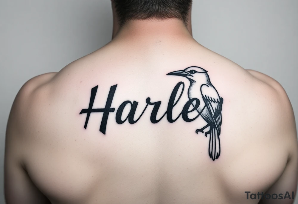 a couple names being Harley and Guy bird combined lettering meaning Harley bird tattoo idea