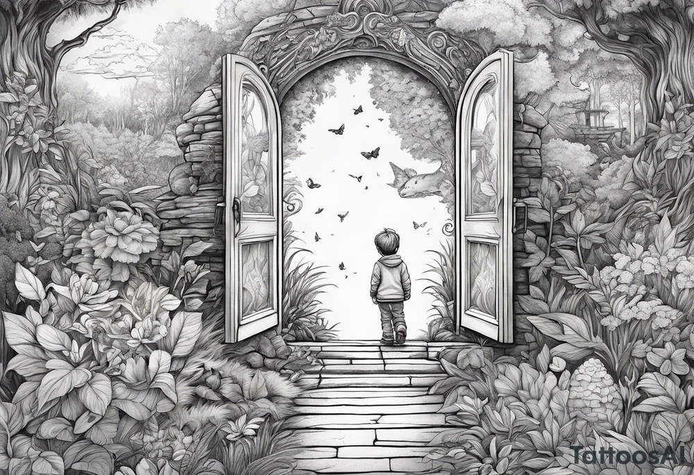 a small boy peeking into a doorway
 leading to a fantasy world filled with nature tattoo idea