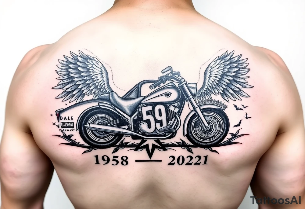 Dale Earnhardt car on it with the year 1958 - 2021 intertwined with a motorcycle on it with guardian angel wolves tattoo idea