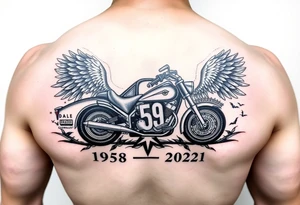 Dale Earnhardt car on it with the year 1958 - 2021 intertwined with a motorcycle on it with guardian angel wolves tattoo idea
